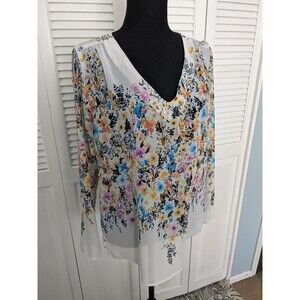 Alice Blue Stitch Fix Top Womens S Floral V Neck Tunic Chiffon Blouse Long/Tab